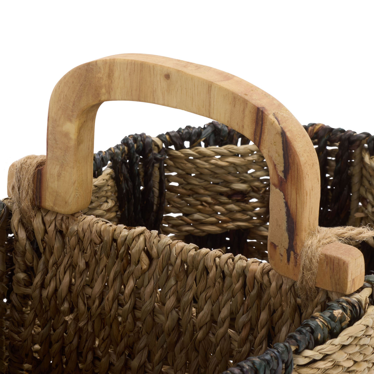 An arched carry handle is secured to the woven divider with natural fiber wraps.
