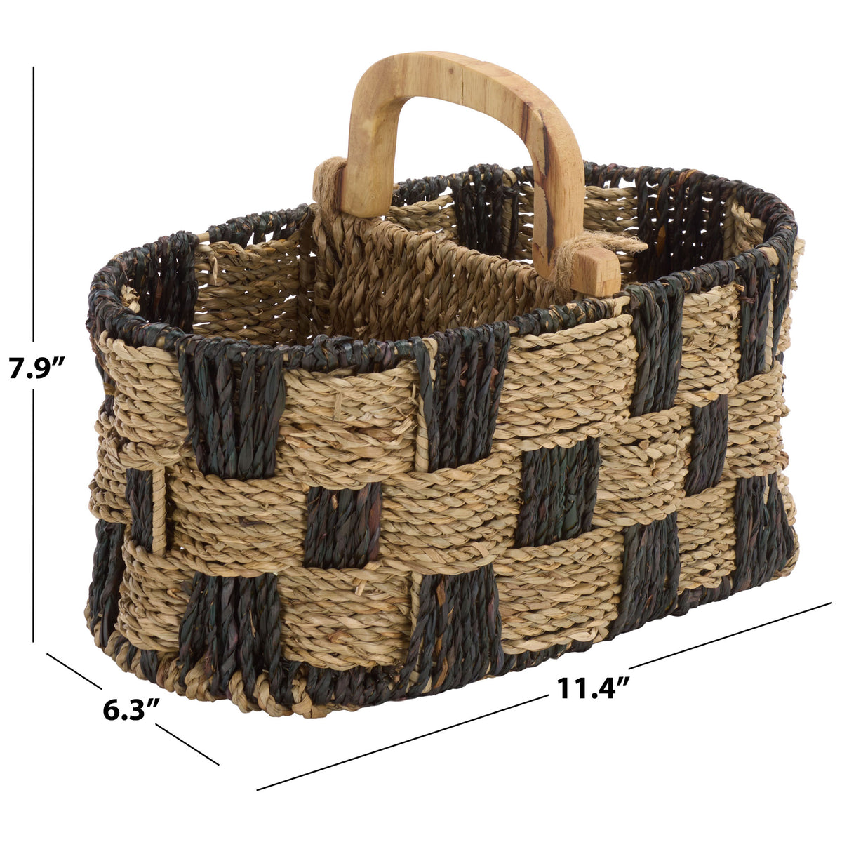 Two-tone woven basket measures 11.4 inches wide, 6.3 inches deep and 7.9 inches high. || STG1821A || dimension_studio