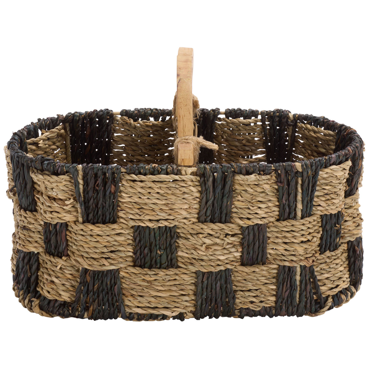 Two-tone woven basket features a wide open top, checkerboard pattern and raised center handle. || STG1821A || front_studio