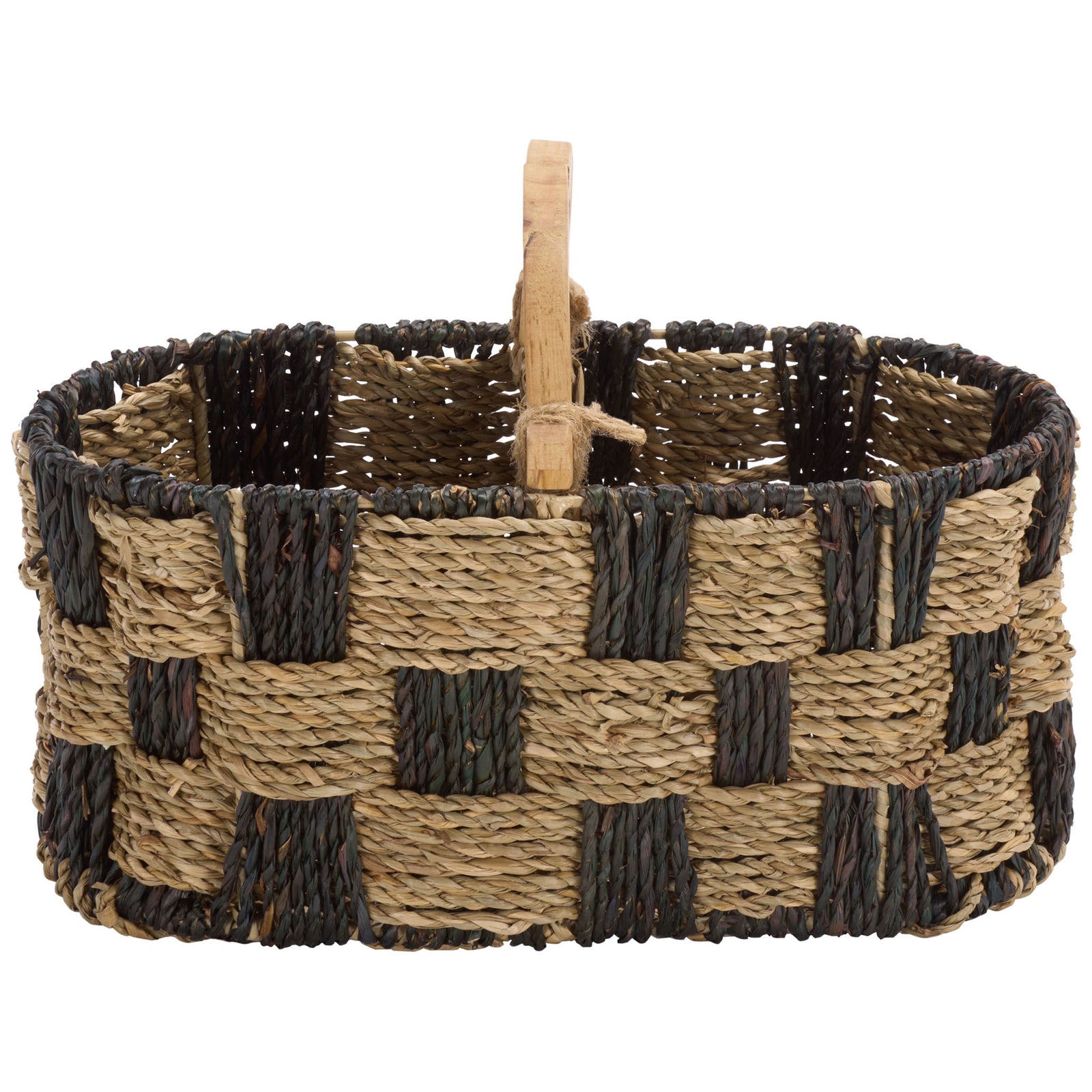 Two-tone woven basket features a wide open top, checkerboard pattern and raised center handle. || STG1821A || front_studio