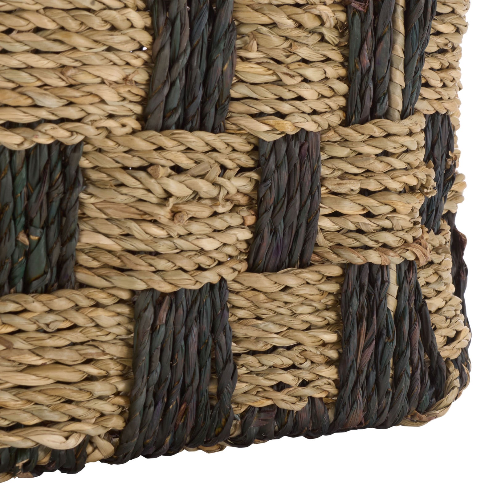 Thick seagrass strands form a textured, two-tone weave along the basket's curved lower edge. || STG1821A || detail_studio