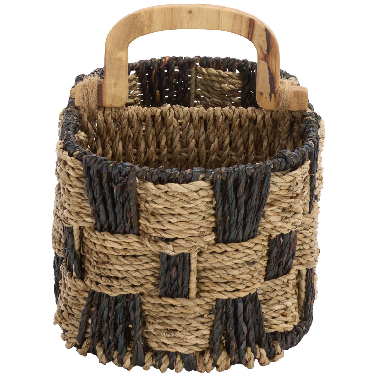 Rounded basket end reveals a woven interior and a gently curved carry handle. || STG1821A || side_studio