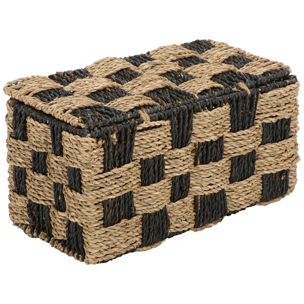 A compact seagrass basket pairs a fitted woven lid with richly textured, two-tone sides. || STG1822A || back_angle_studio