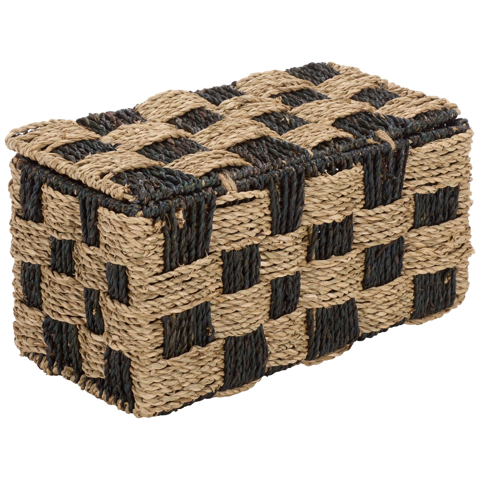 A compact seagrass basket pairs a fitted woven lid with richly textured, two-tone sides. || STG1822A || back_angle_studio