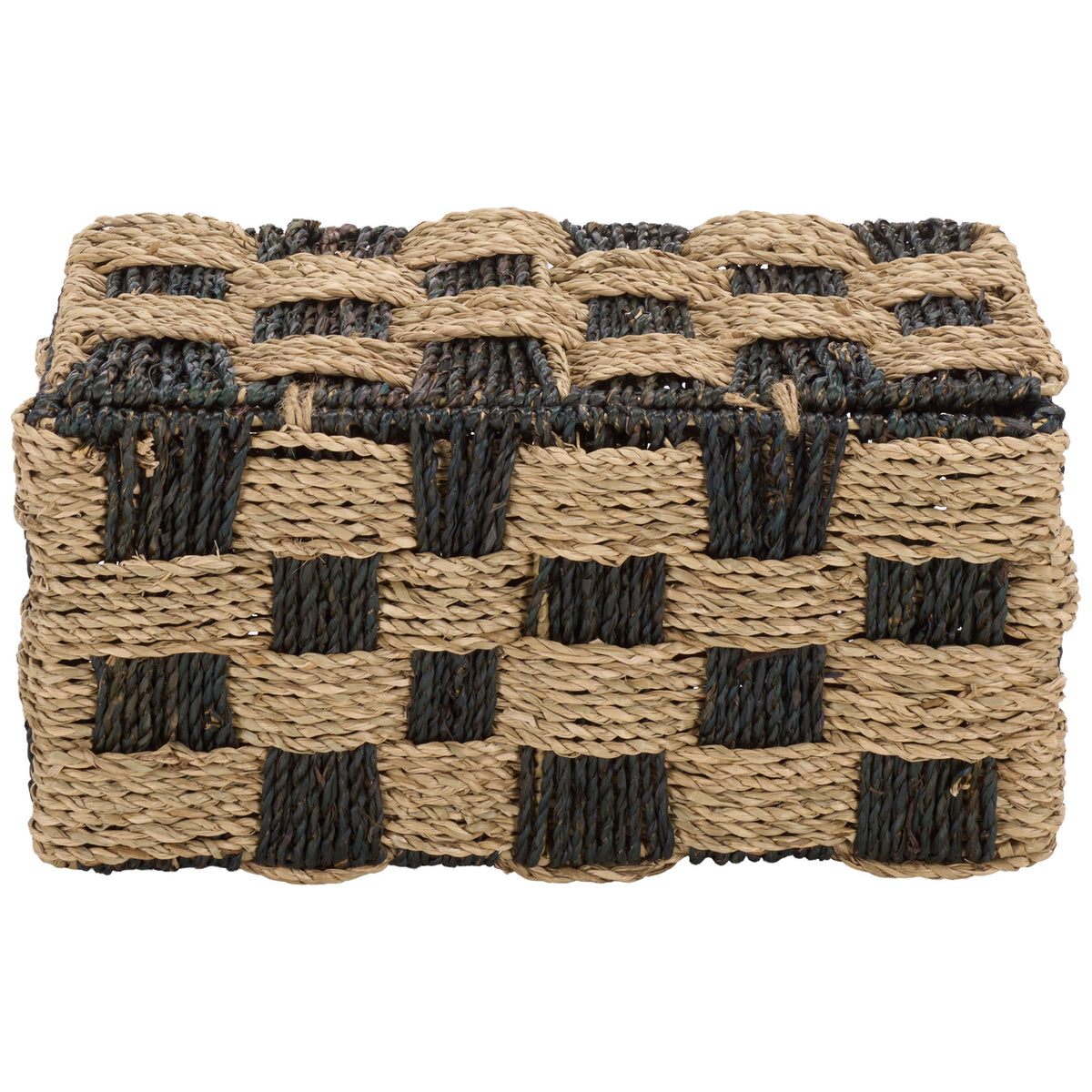 Natural and dark woven seagrass gives this lidded storage basket a bold checkerboard pattern. || STG1822A || back_studio