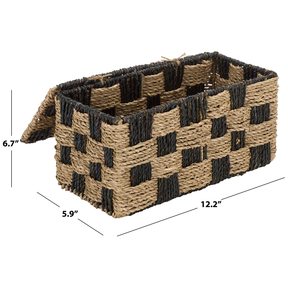 This lidded basket measures 12.2 inches wide, 5.9 inches deep, and 6.7 inches high. || STG1822A || dimension_studio