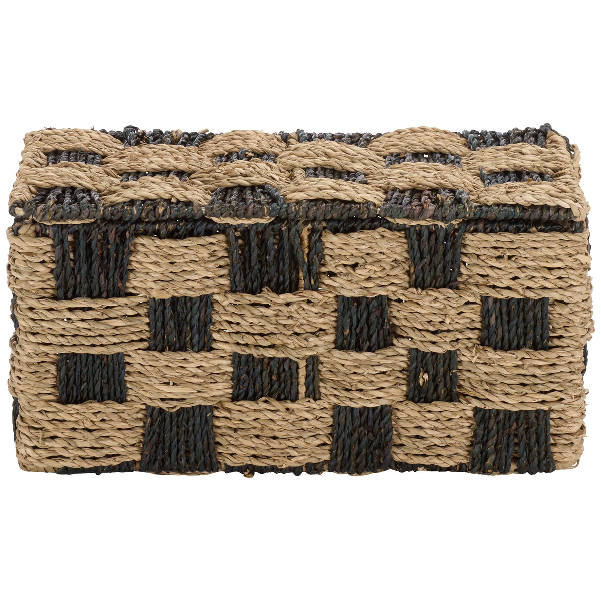A natural and dark checkerboard weave gives this rectangular seagrass basket graphic appeal. || STG1822A || front_studio