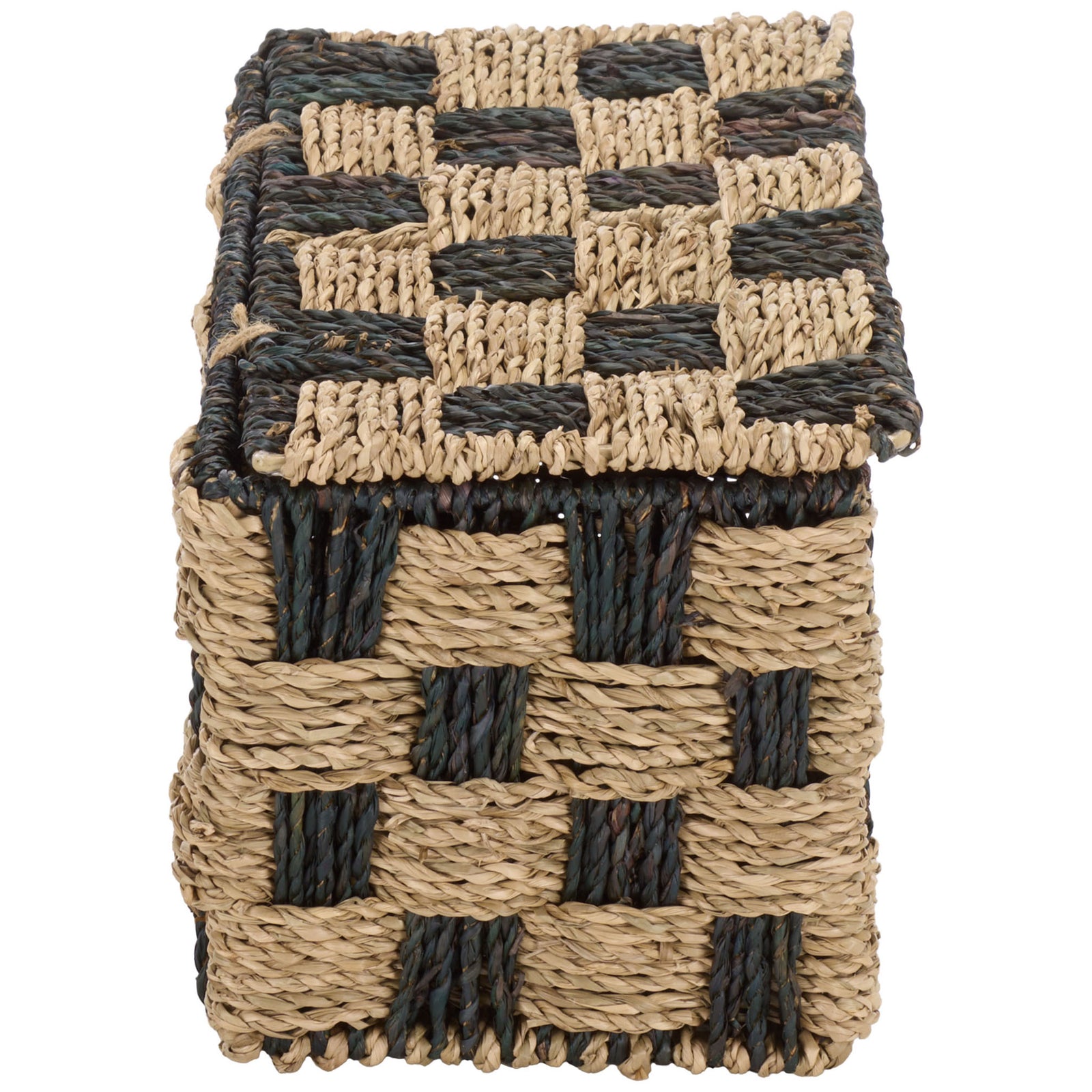 This lidded seagrass basket has a narrow rectangular shape and a richly patterned woven top. || STG1822A || side_studio