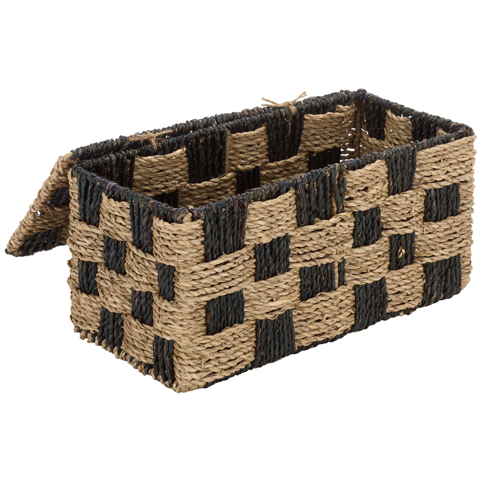The lift-open woven lid reveals storage inside the basket's compact rectangular frame. || STG1822A || front_angle_open_studio