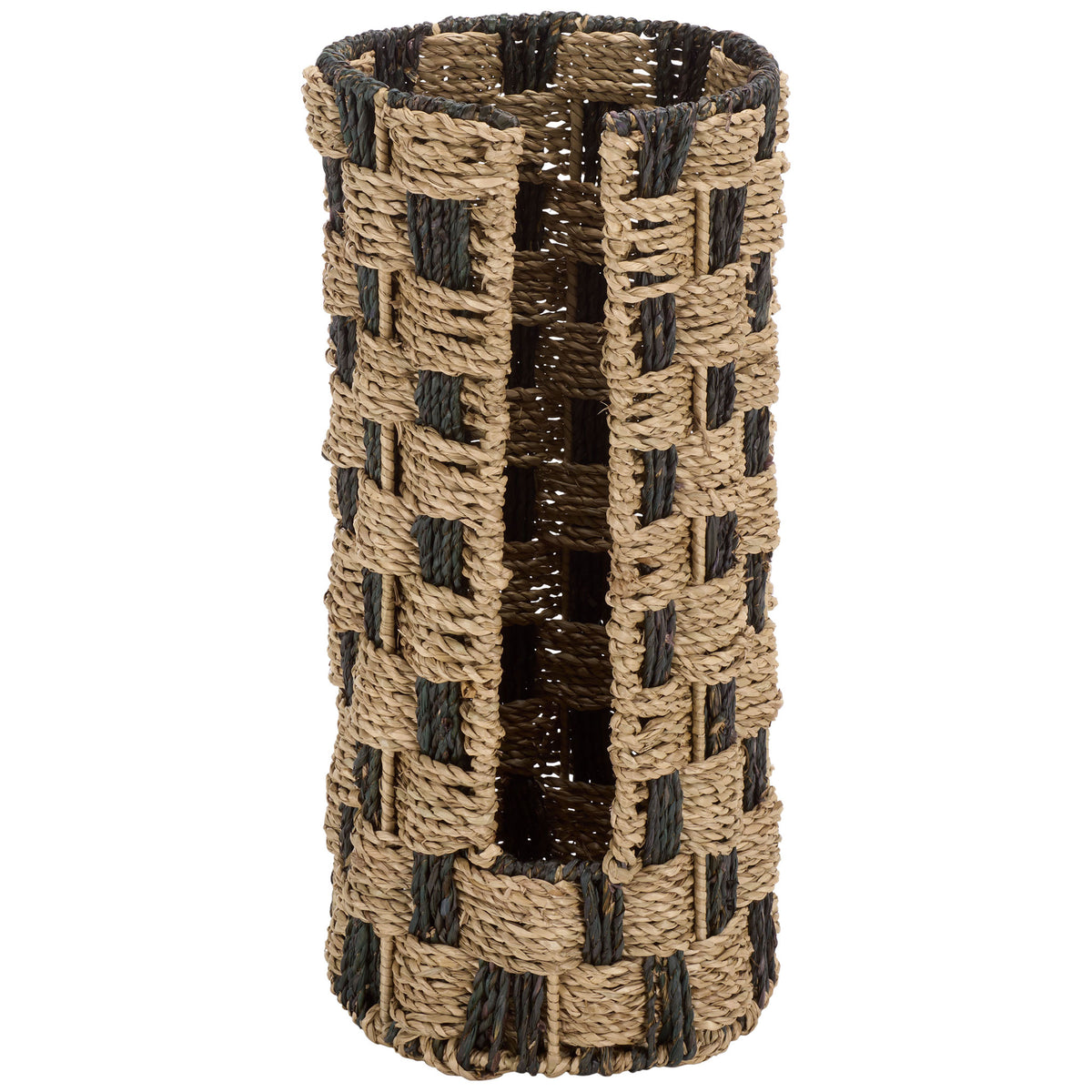 Two-tone seagrass basket pairs a slim upright shape with an easy-access front opening. || STG1823A || front_studio