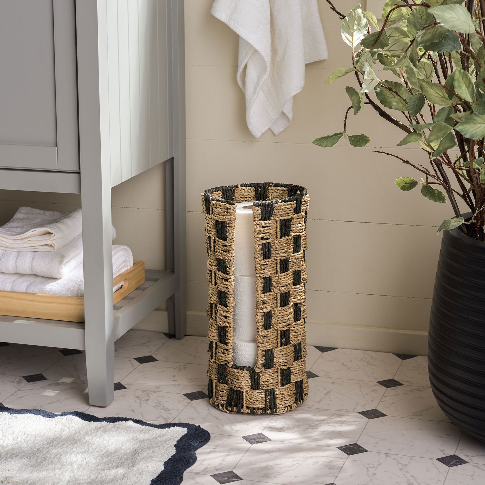 Slim two-tone basket keeps bathroom essentials stacked and accessible. || STG1823A || front_room