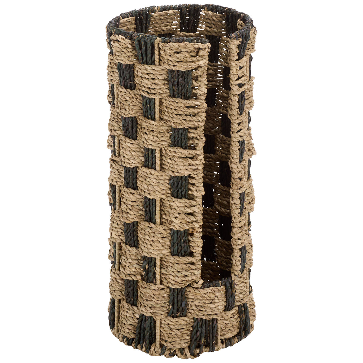 Openwork seagrass weave wraps a tall cylindrical basket in contrasting natural tones. || STG1823A || side_studio