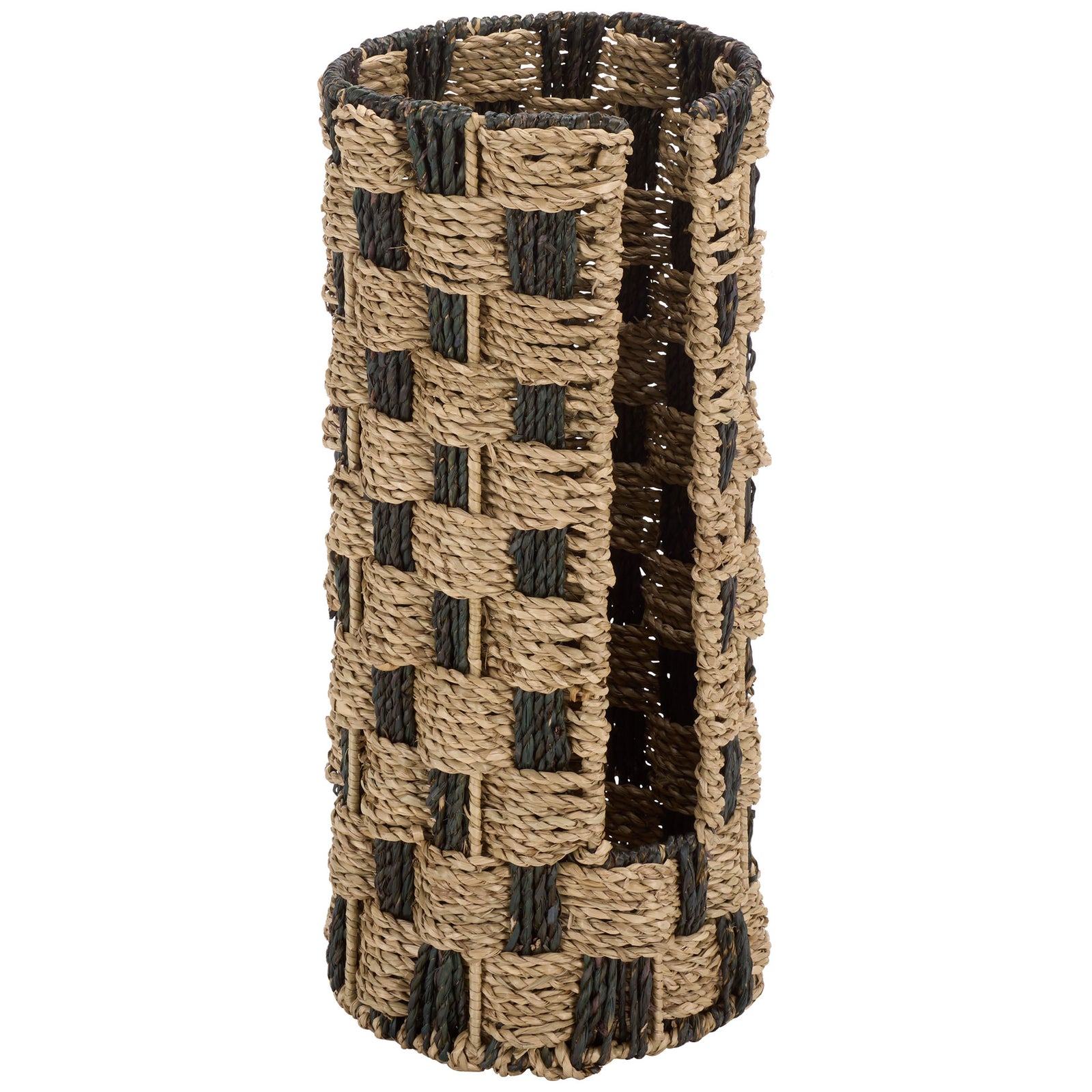 Openwork seagrass weave wraps a tall cylindrical basket in contrasting natural tones. || STG1823A || side_studio