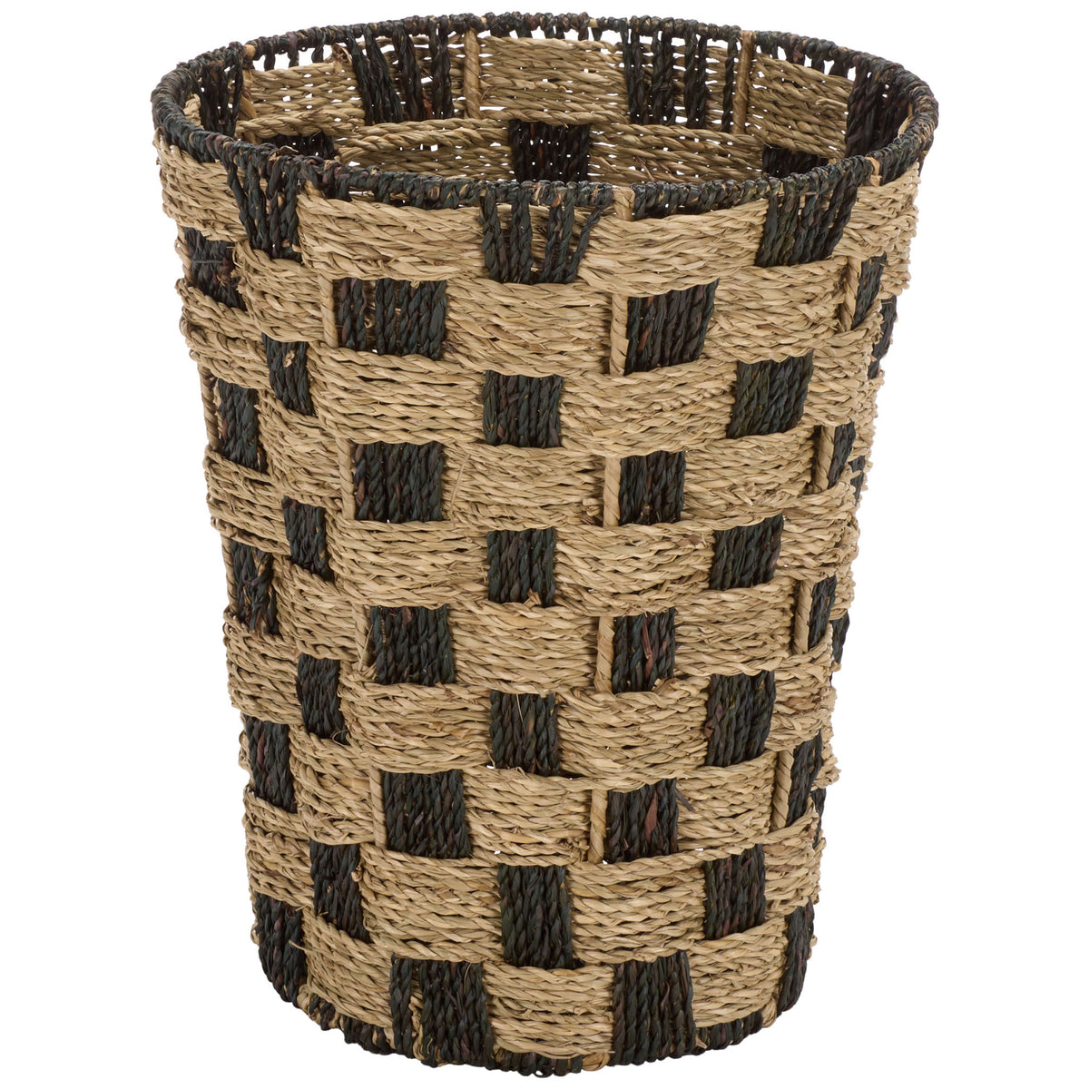 Tapered seagrass storage basket blends natural and dark tones in a checkerboard weave || STG1824A || front_studio