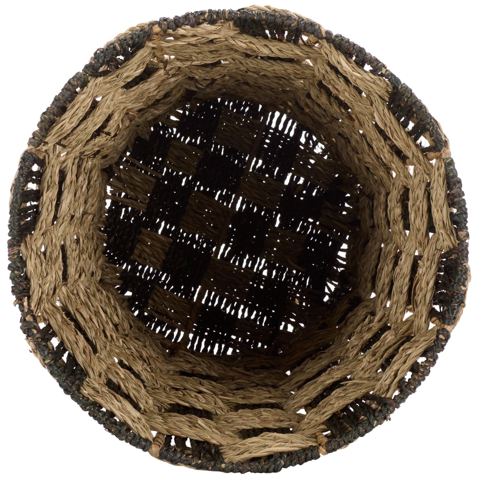 Open basket reveals a spacious woven interior and a dark checkerboard base || STG1824A || top_studio