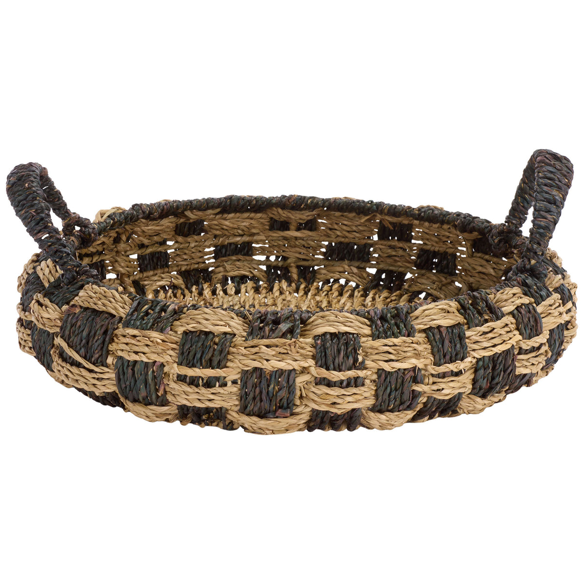 A low round basket features a checkered seagrass weave and contrasting wrapped handles || STG1825A-SET2 || front_partial_studio