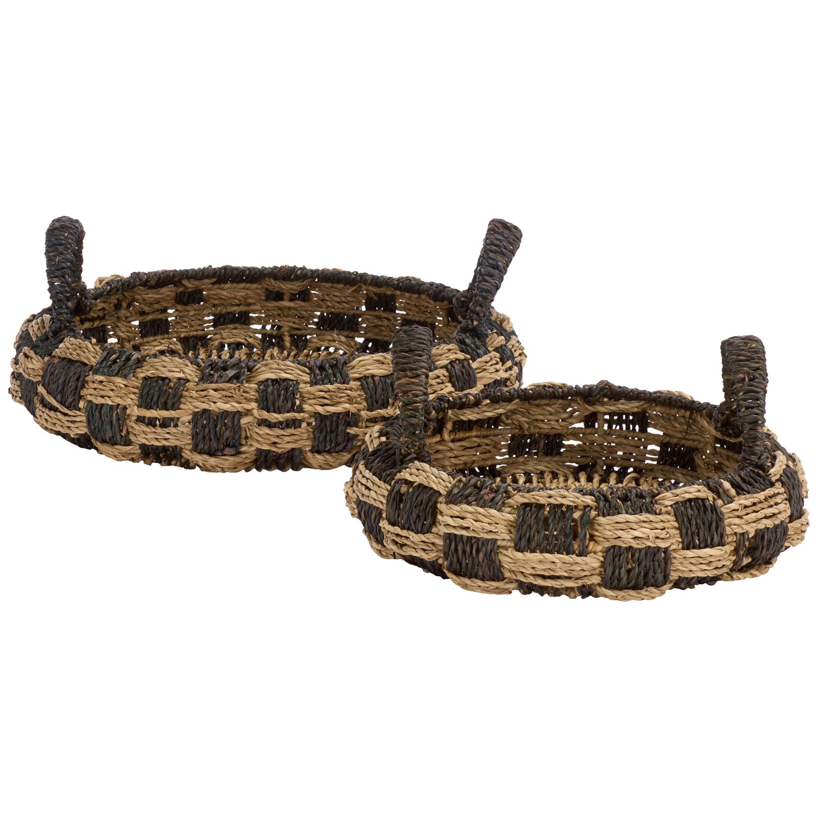 A pair of round baskets combines natural and dark seagrass weaving with loop handles || STG1825A-SET2 || front_studio