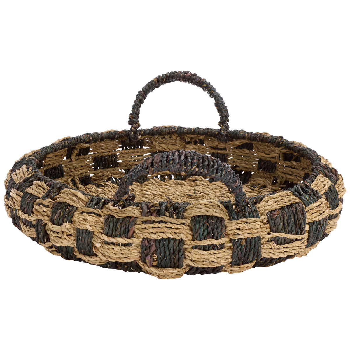 Two dark loop handles frame the round basket's textured seagrass walls and woven base || STG1825A-SET2 || side_partial_studio