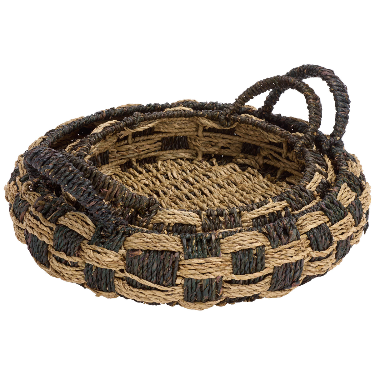 A broad woven base and dark loop handles give this low round basket rustic appeal || STG1825A-SET2 || front_angle_studio