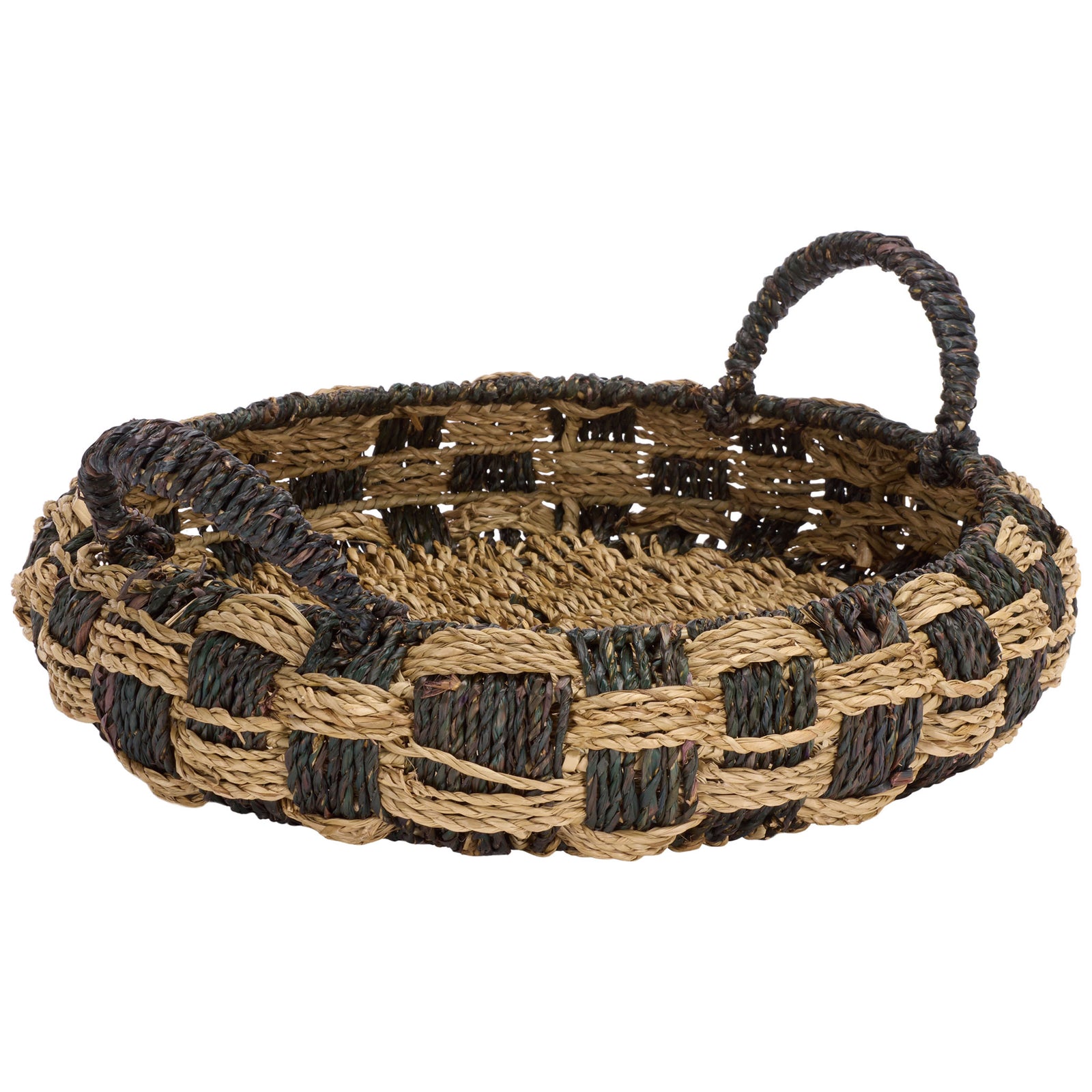 The shallow seagrass basket pairs an open-weave rim with bold natural and dark bands || STG1825A-SET2 || front_angle_partial_studio