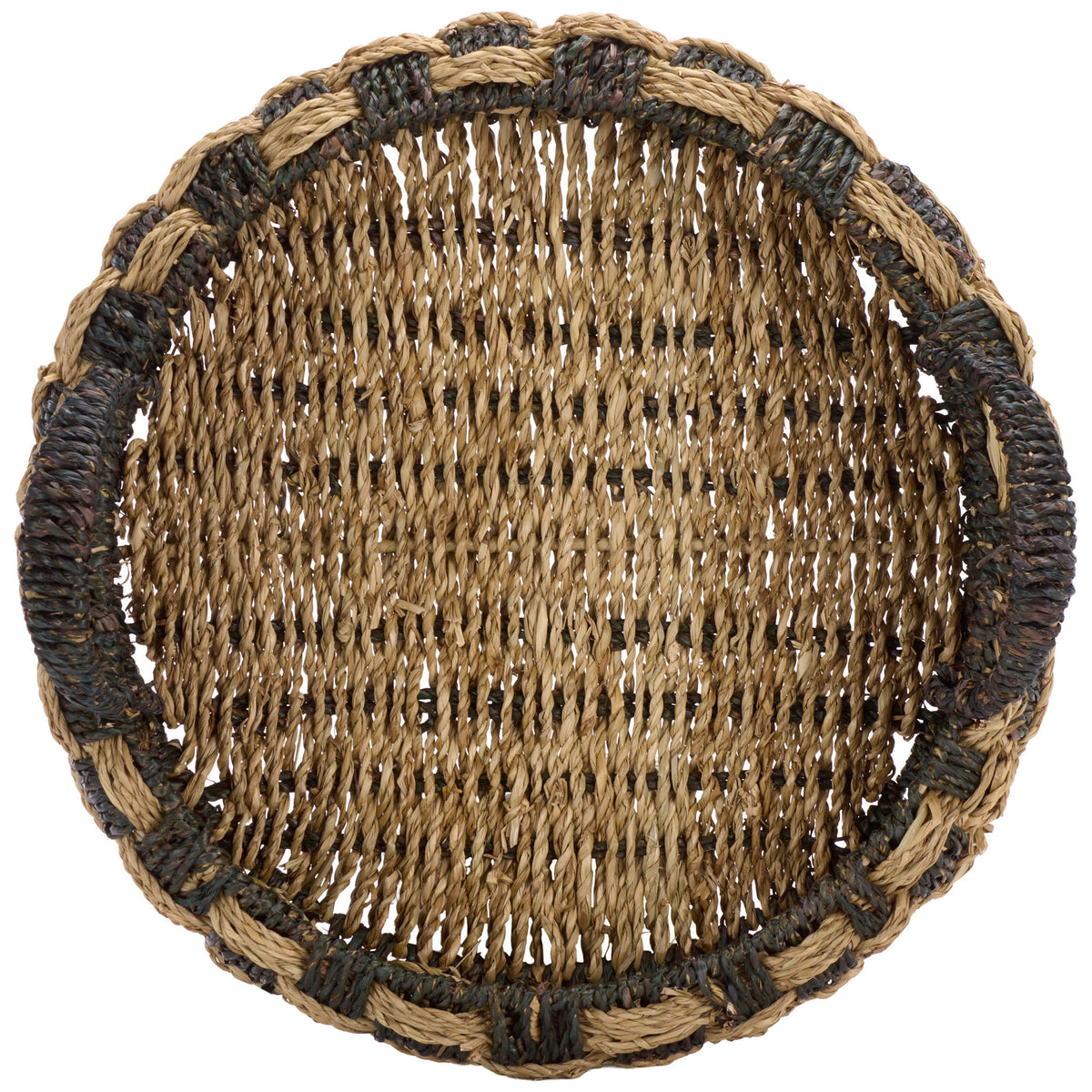 An intricate seagrass base is encircled by a two-tone woven rim and wrapped handles || STG1825A-SET2 || top_partial_studio
