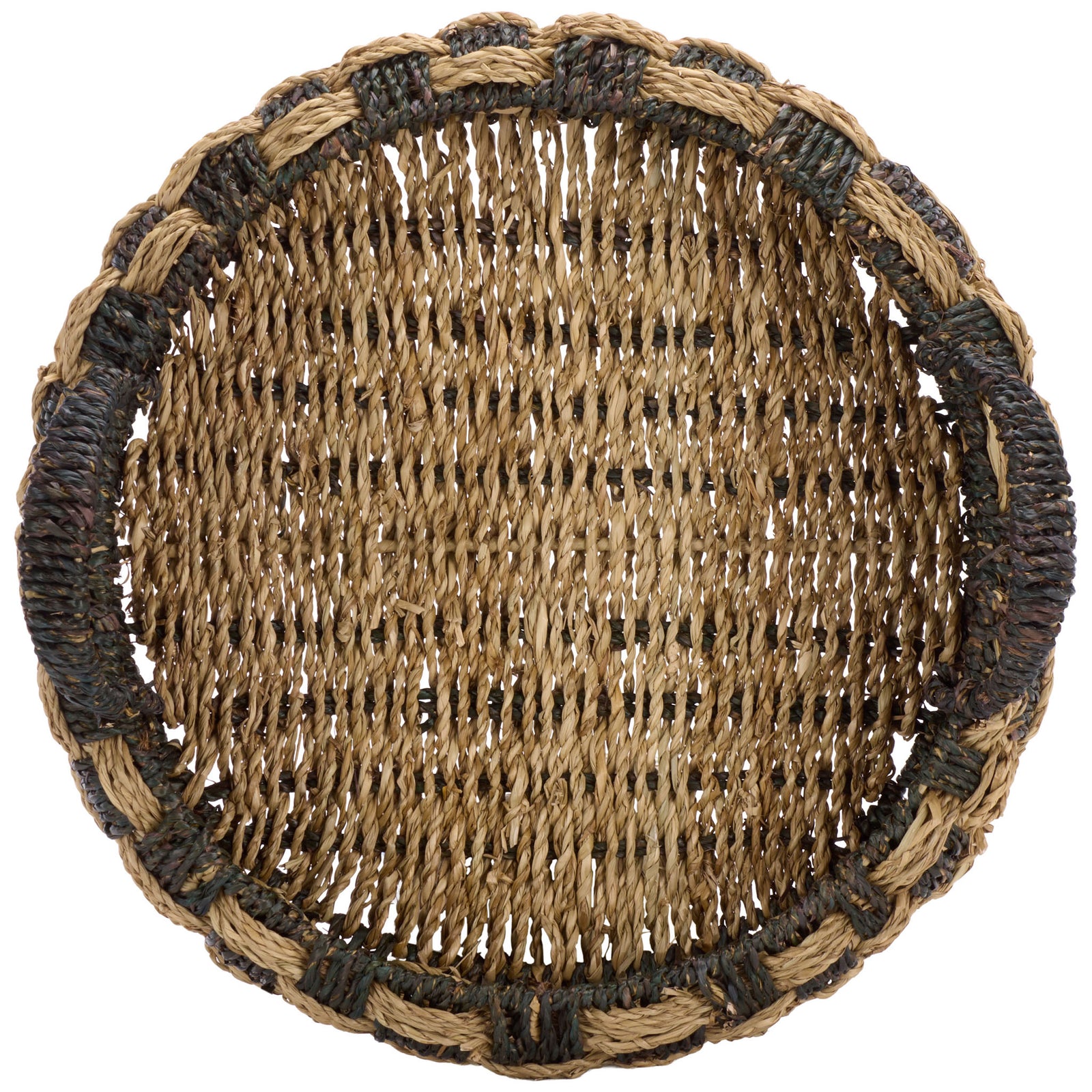 An intricate seagrass base is encircled by a two-tone woven rim and wrapped handles || STG1825A-SET2 || top_partial_studio