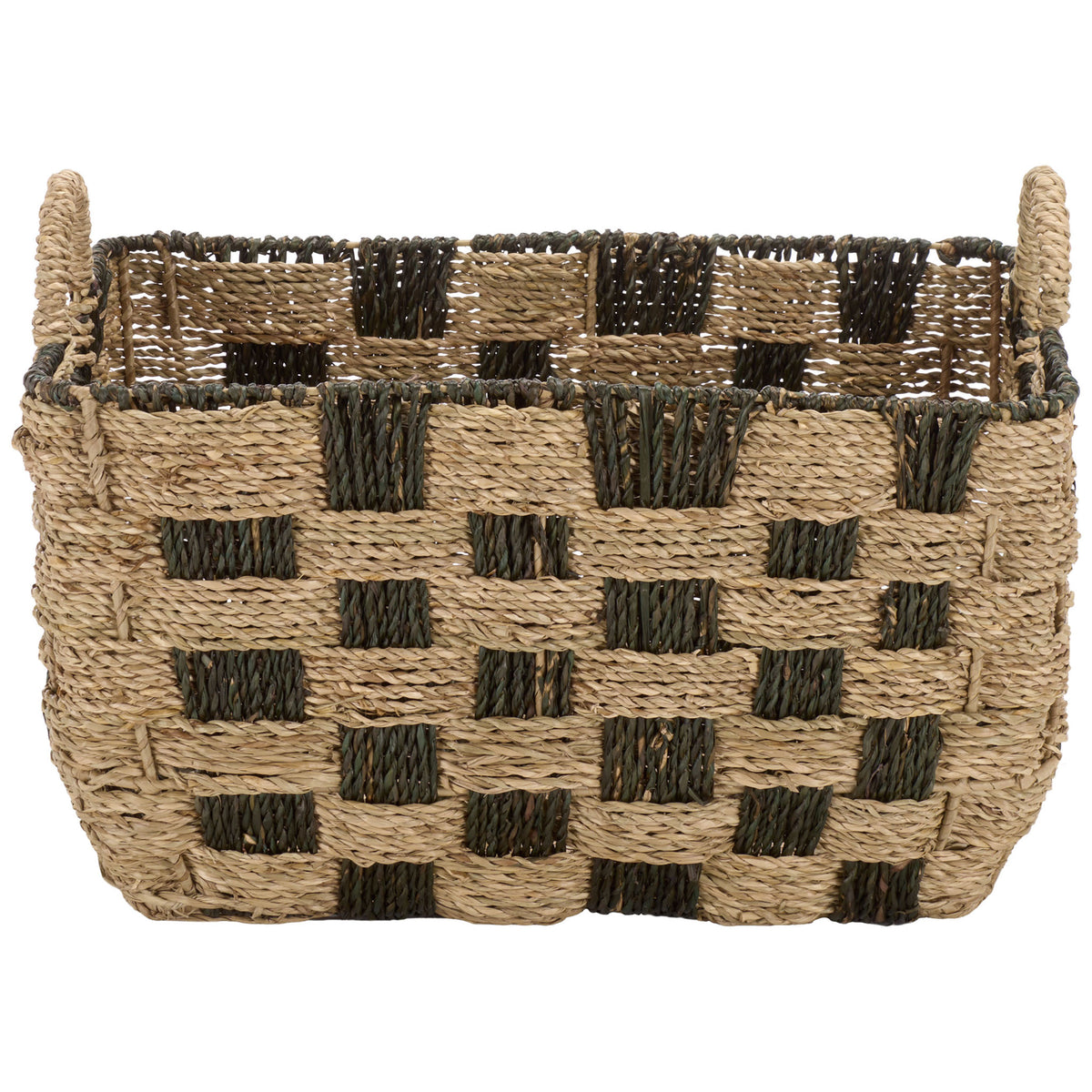 A roomy basket carries a natural and dark checkerboard weave across its broad, softly rounded body. || STG1826A-SET3 || front_partial_studio