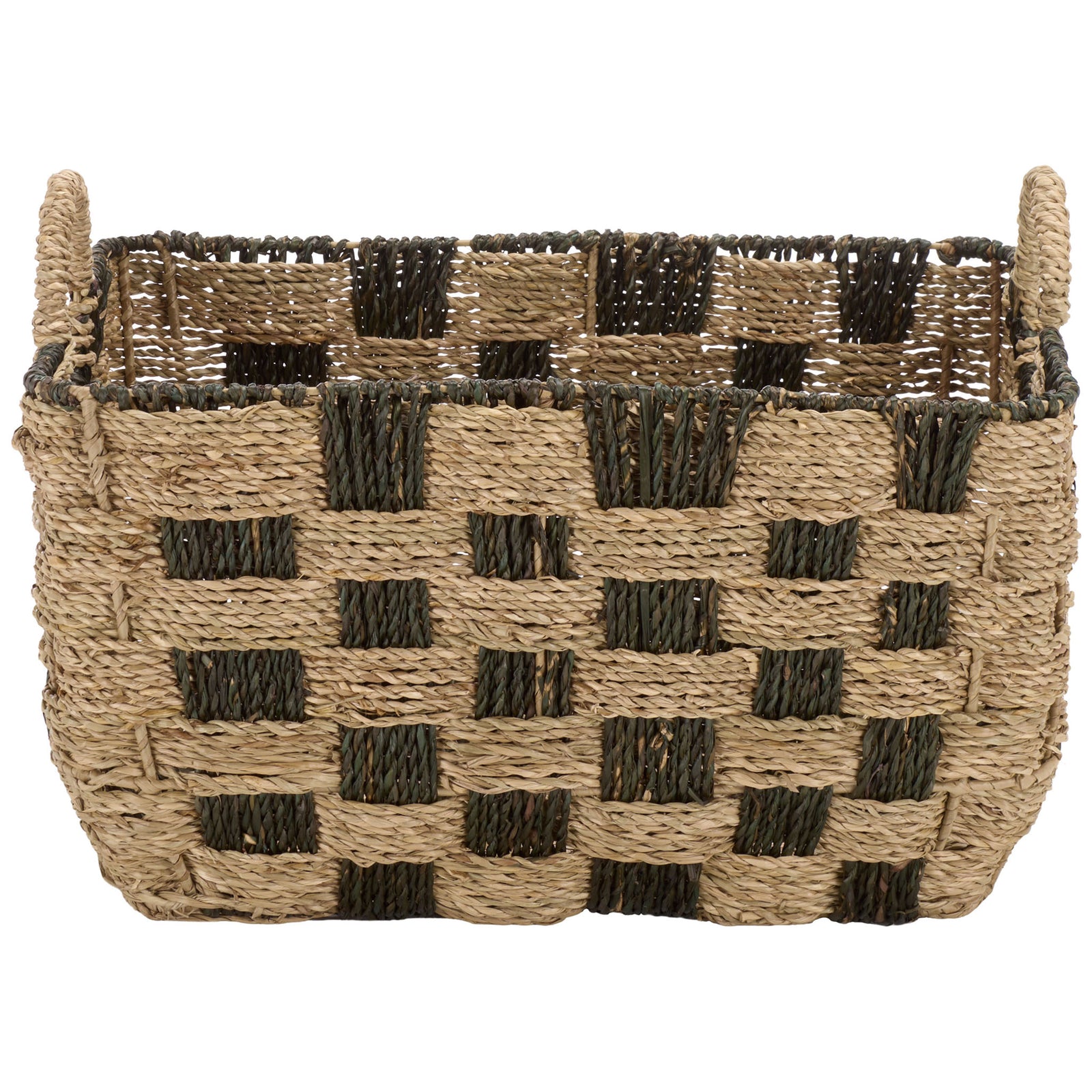A roomy basket carries a natural and dark checkerboard weave across its broad, softly rounded body. || STG1826A-SET3 || front_partial_studio