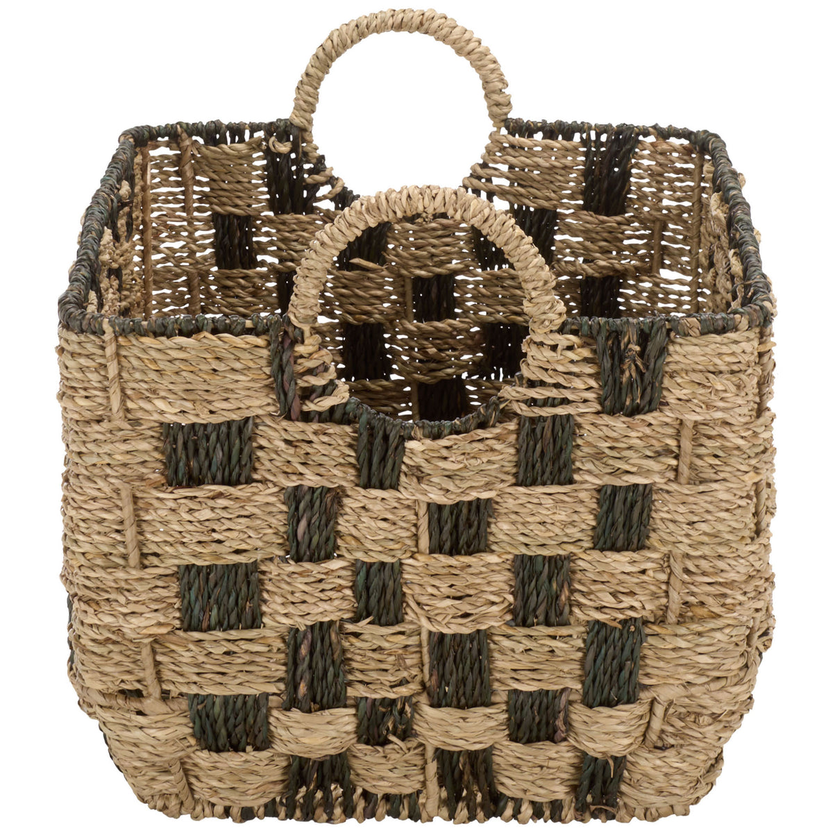 A wrapped loop handle tops the gently curved end of a two-tone seagrass basket. || STG1826A-SET3 || side_partial_studio