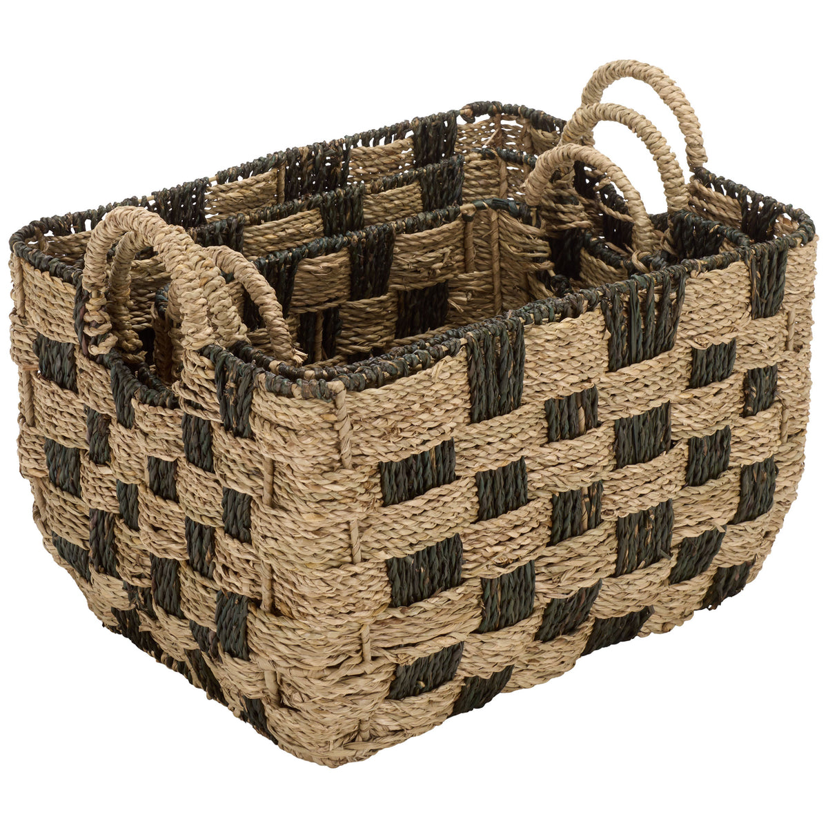 Three nesting baskets tuck inside one another, displaying layered rims and matching woven patterns. || STG1826A-SET3 || front_angle_studio