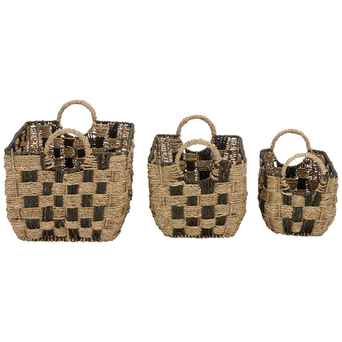 Three open-top baskets increase in size, each with rounded woven sides and paired loop handles. || STG1826A-SET3 || side_studio
