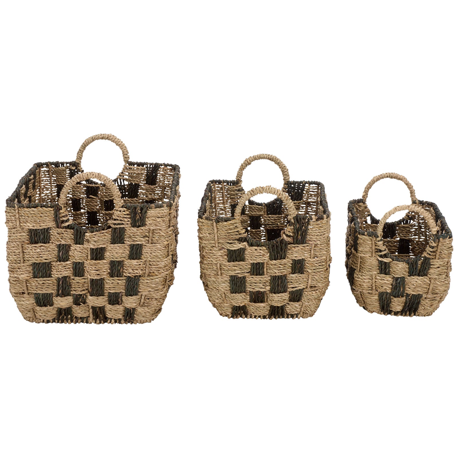 Three open-top baskets increase in size, each with rounded woven sides and paired loop handles. || STG1826A-SET3 || side_studio