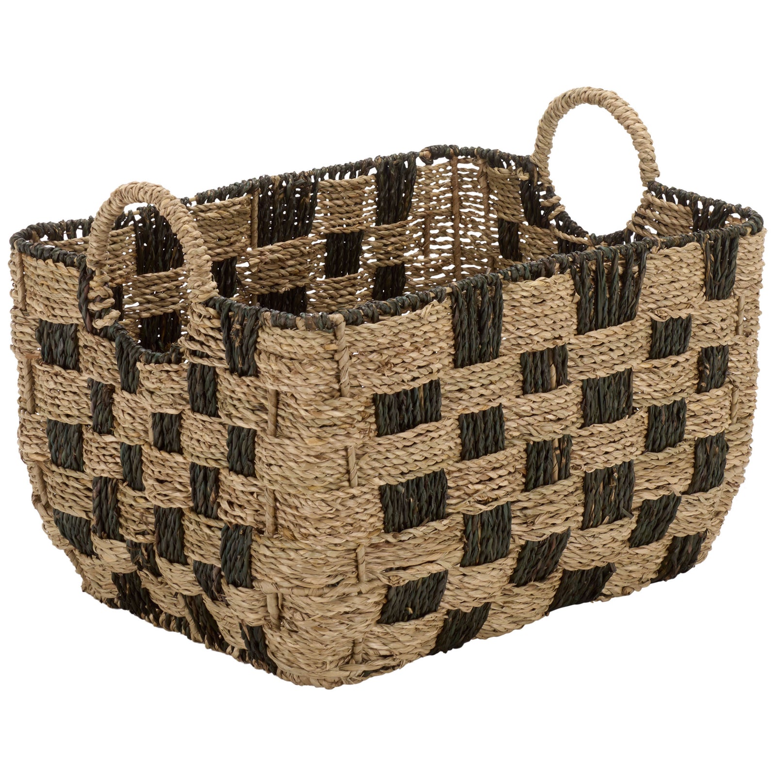 An open rectangular basket blends natural and dark seagrass with a loop handle at each end. || STG1826A-SET3 || front_angle_partial_studio