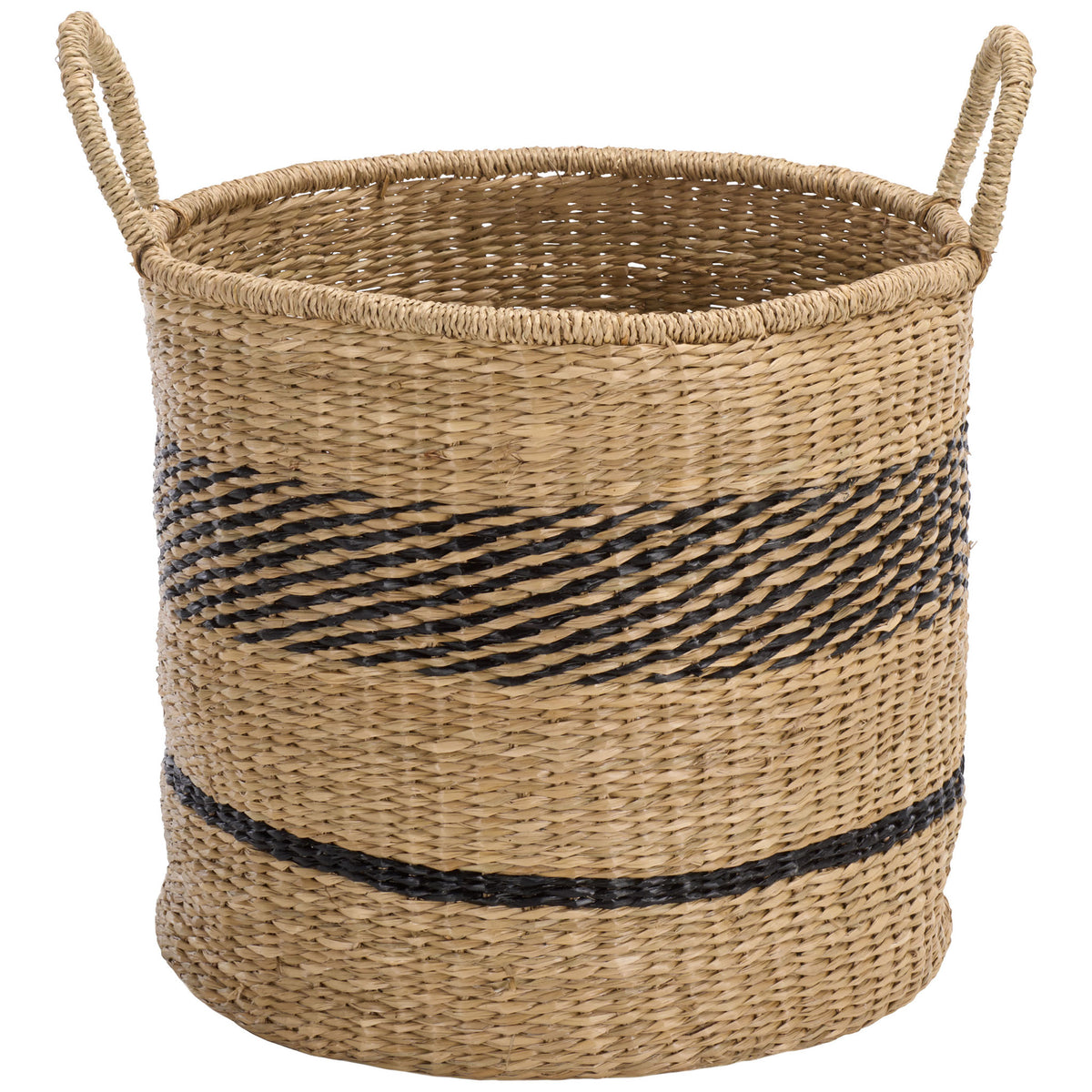 A roomy round seagrass basket features two loop handles and a bold black woven band. || STG1827A-SET3 || front_partial_studio