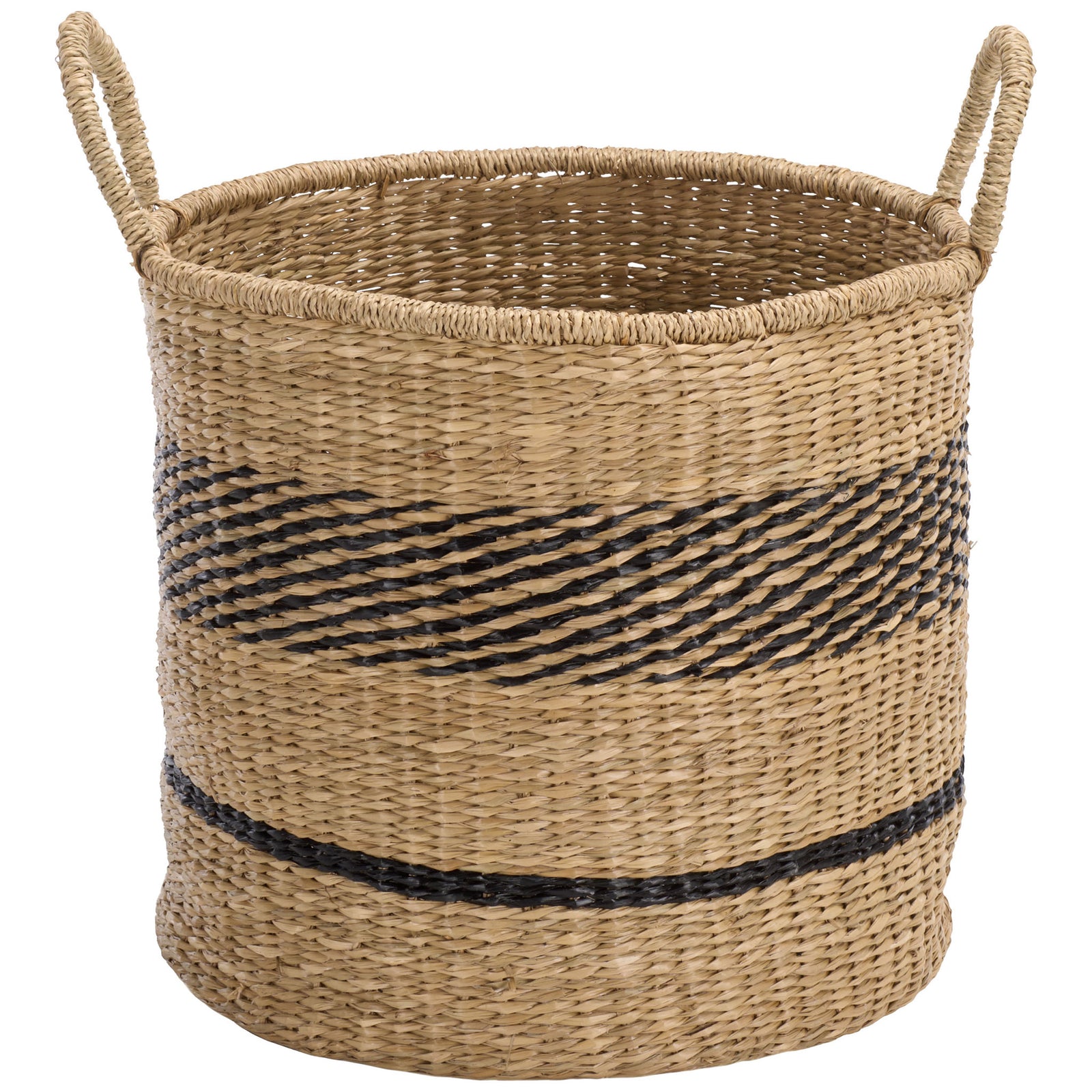A roomy round seagrass basket features two loop handles and a bold black woven band. || STG1827A-SET3 || front_partial_studio