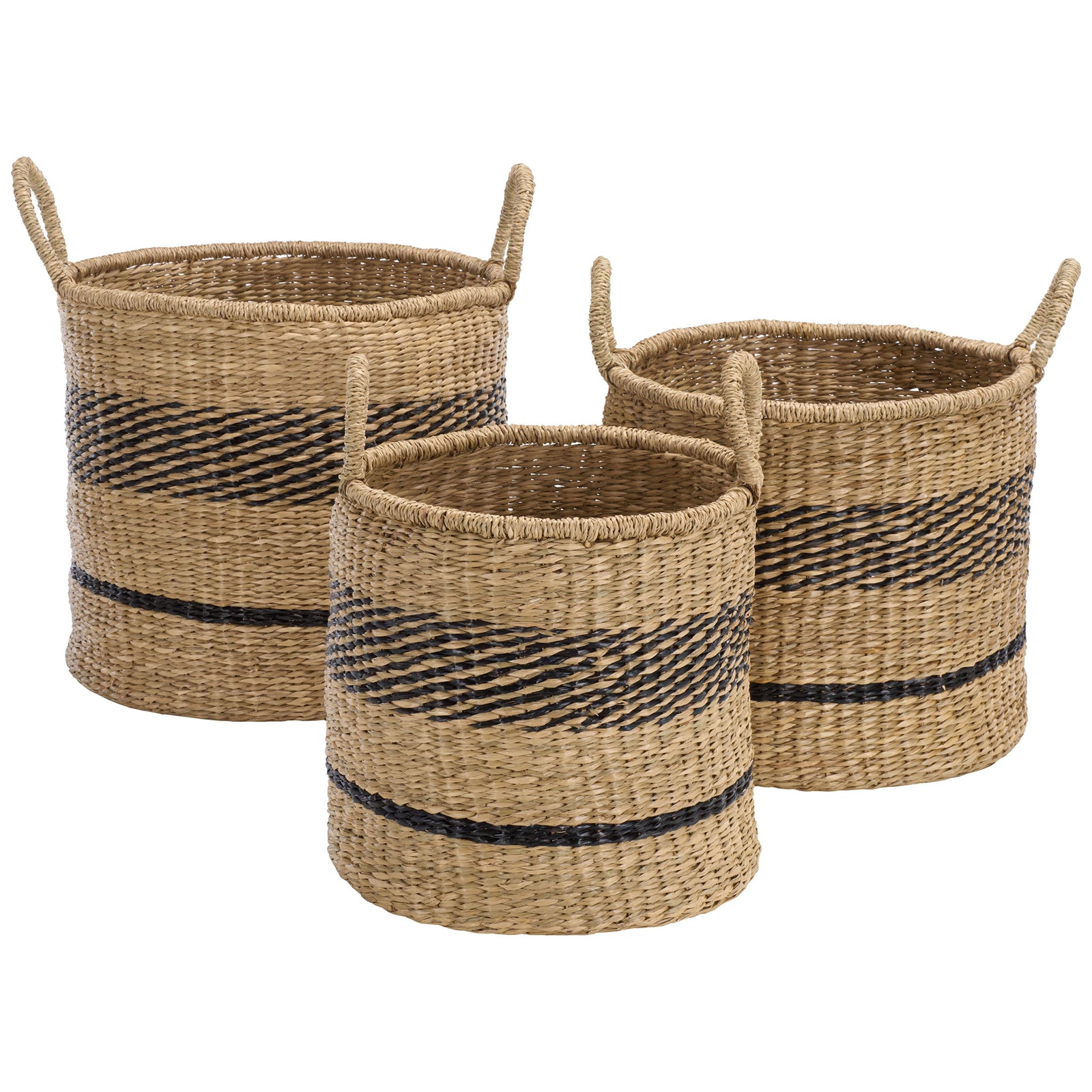 Three seagrass baskets combine natural woven texture, black stripes, and convenient loop handles. || STG1827A-SET3 || front_studio
