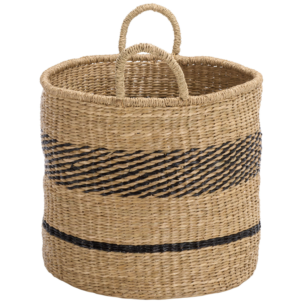 A woven round basket pairs two loop handles with black striped accents and a sturdy open rim. || STG1827A-SET3 || side_partial_studio