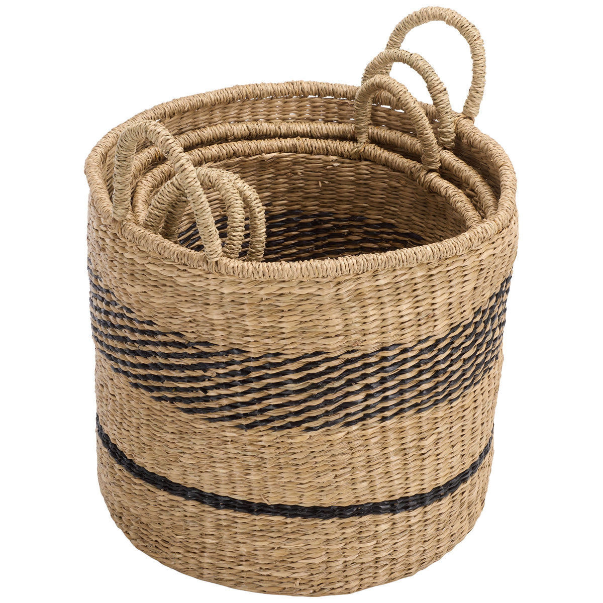 Three baskets nest together, combining woven seagrass, loop handles, and bold black accents. || STG1827A-SET3 || front_angle_studio