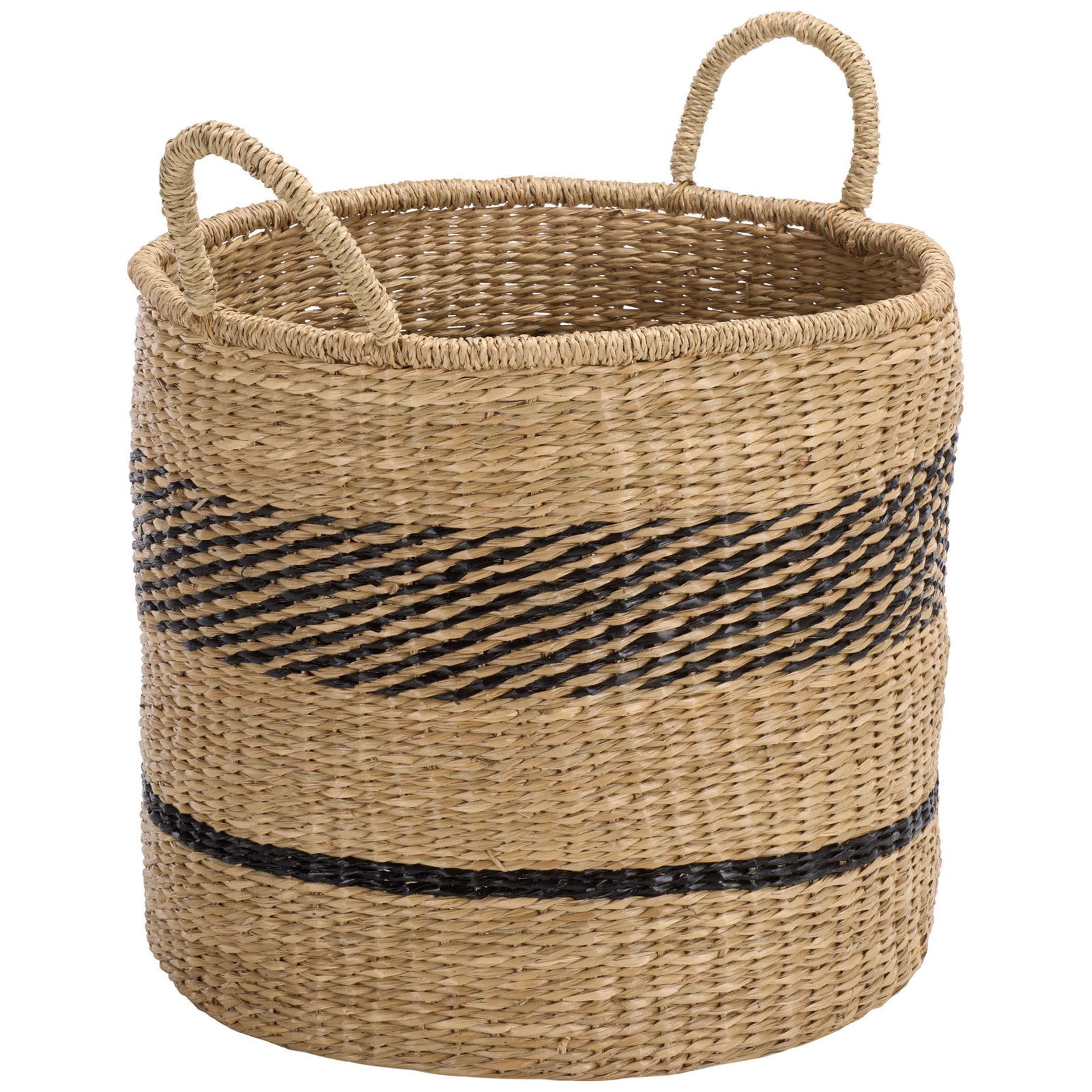 Natural seagrass surrounds a wide opening, with black bands adding contrast to the round basket. || STG1827A-SET3 || front_angle_partial_studio