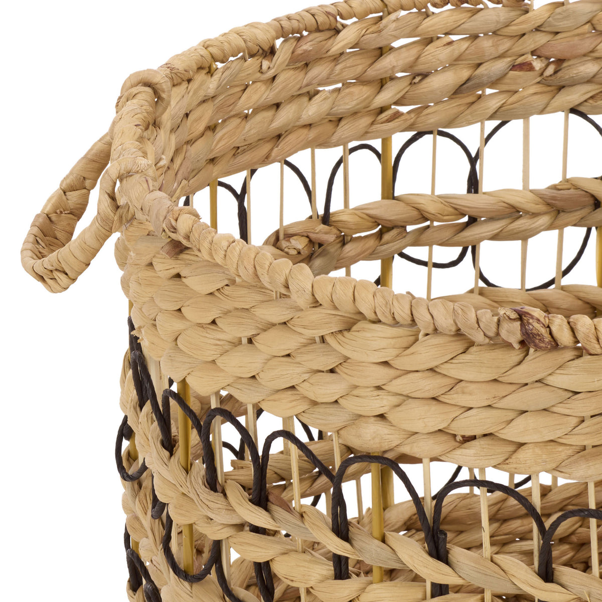 Layered water hyacinth weaving meets looping black metal accents along a sturdy basket rim. || STG1828A-SET3 || detail_studio