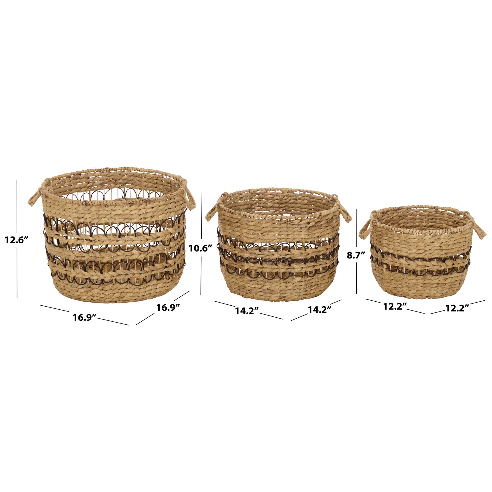 Three graduated baskets offer open-top storage with natural woven texture and black accents. || STG1828A-SET3 || dimension_studio