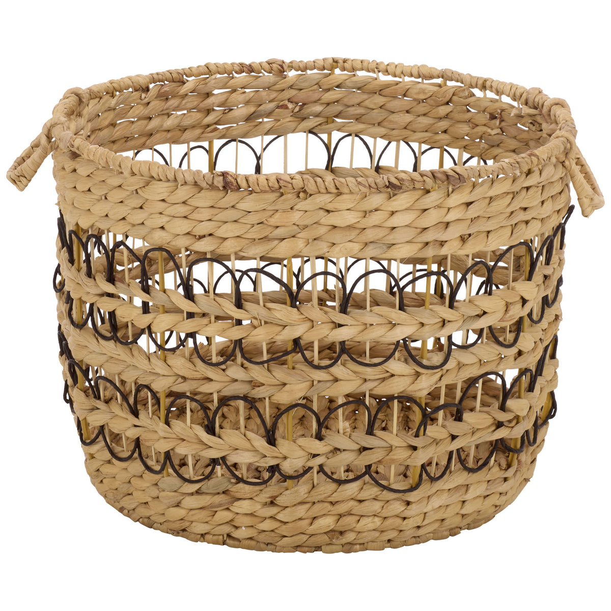 A roomy woven basket features an open top, side handles, and two bands of black loops. || STG1828A-SET3 || front_partial_studio