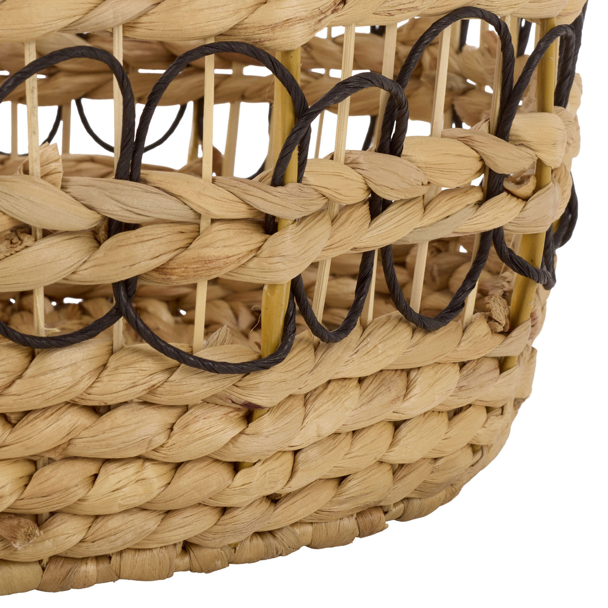 Braided natural fibers and black loop accents add rich texture to the basket's lower wall. || STG1828A-SET3 || detail_studio