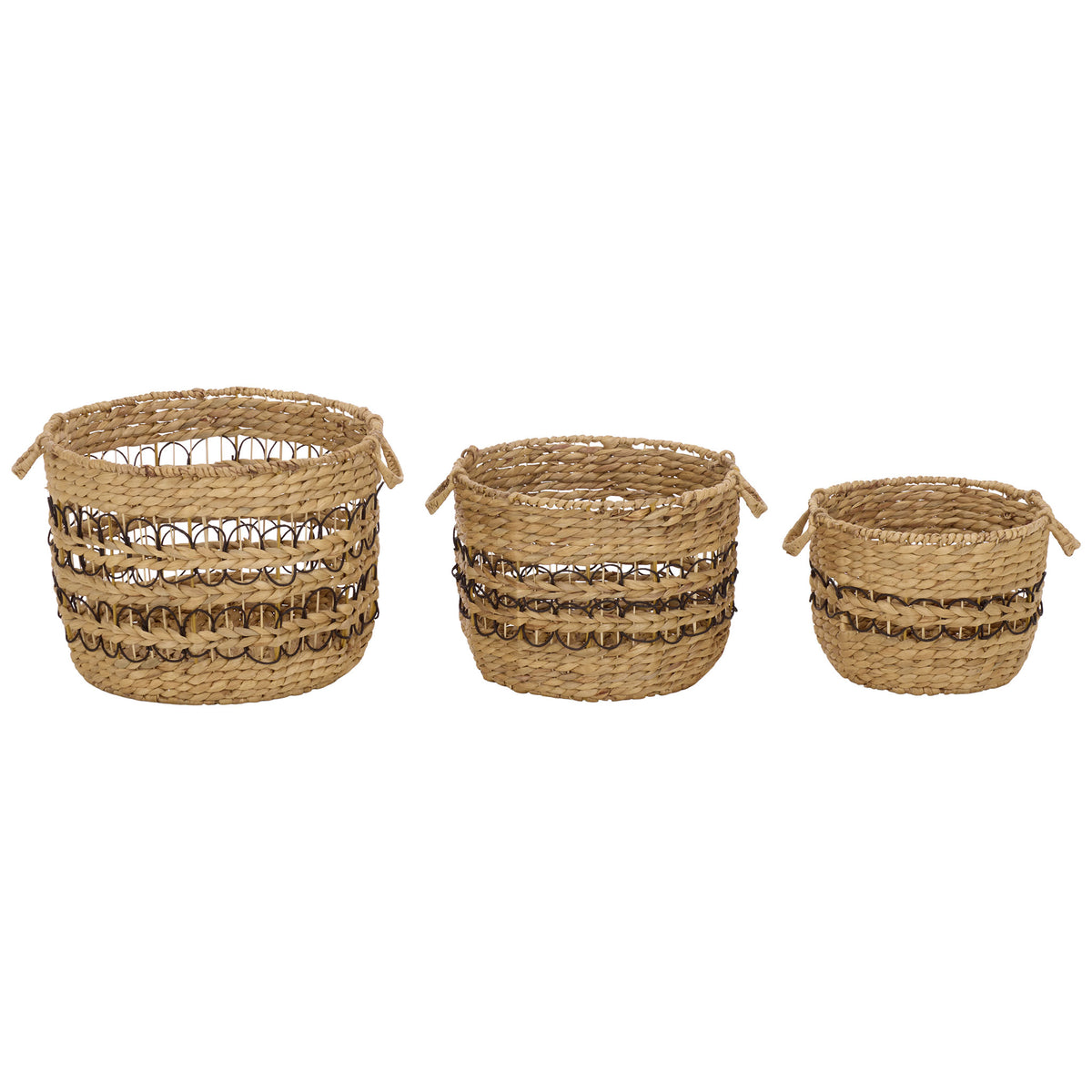 Large, medium, and small woven baskets create coordinated storage with black loop accents. || STG1828A-SET3 || front_studio