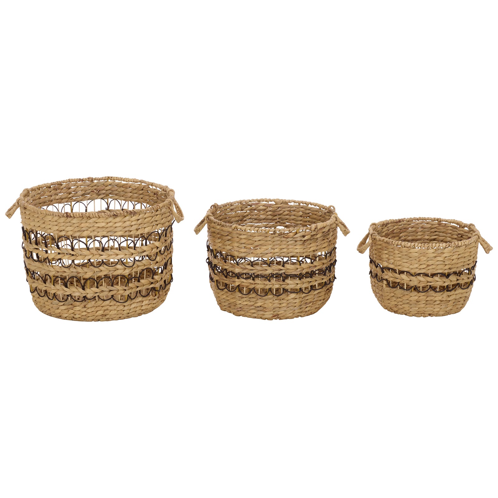 Large, medium, and small woven baskets create coordinated storage with black loop accents. || STG1828A-SET3 || front_studio
