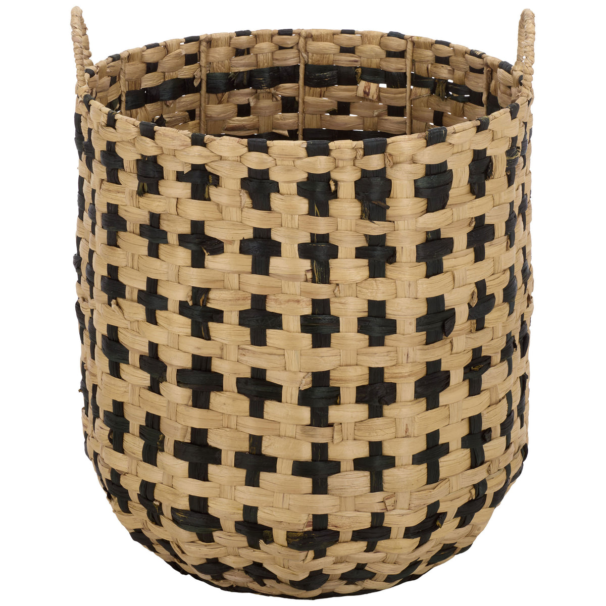 The larger basket pairs a roomy open top with a bold black-and-natural woven pattern. || STG1829A-SET2 || front_partial_studio