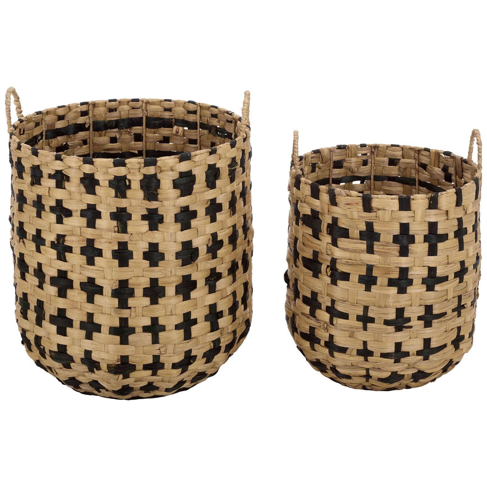 Two round baskets blend natural water hyacinth with black accents and woven carry handles. || STG1829A-SET2 || front_studio