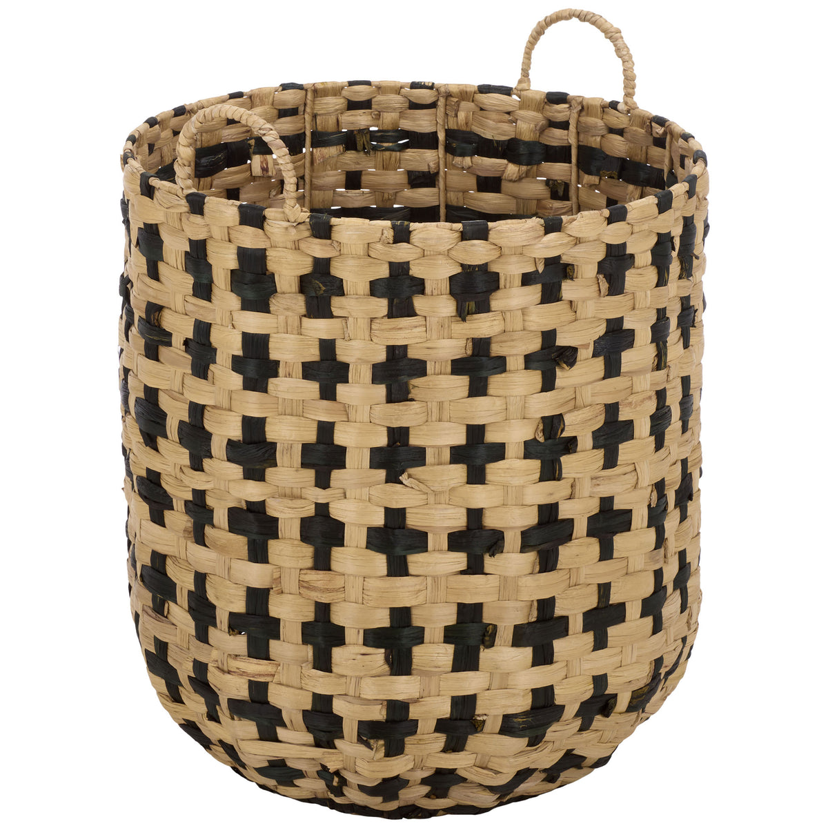 A tall woven basket offers ample storage with a rounded base and sturdy loop handles. || STG1829A-SET2 || front_angle_partial_studio
