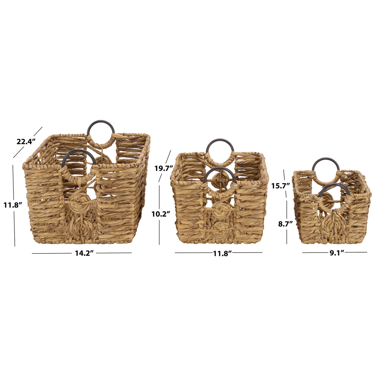 Three woven storage baskets offer small, medium, and large sizes with matching ring handles. || STG1830A-SET3 || dimension_studio