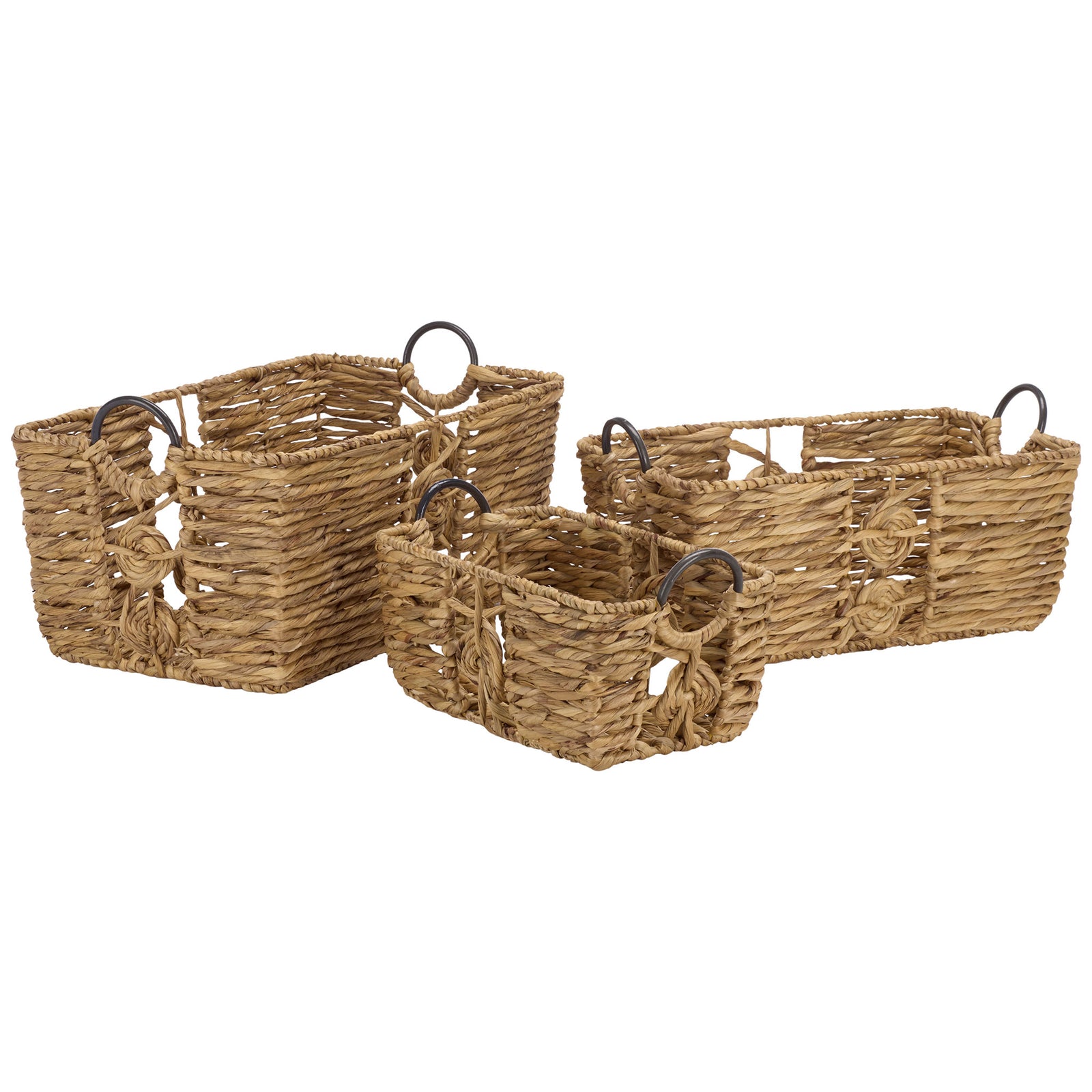 Three rectangular water hyacinth baskets blend airy natural weaving with dark metal ring handles. || STG1830A-SET3 || front_angle_studio
